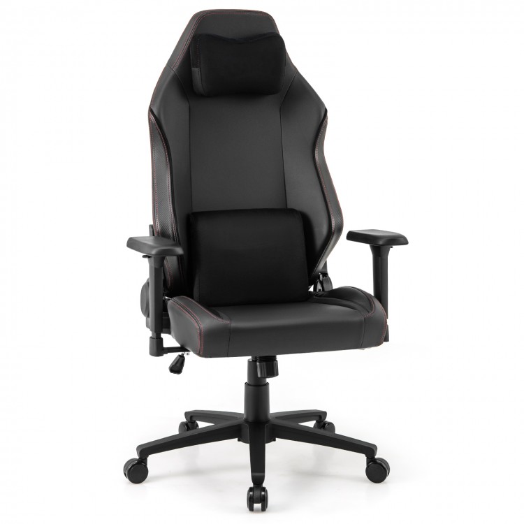 High back ergonomic computer chair in black with adjustable headrest, lumbar pillow, and 360° swivel for comfort.