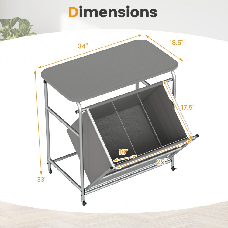 3-section laundry sorter with foldable ironing board, gray fabric, and lockable wheels for easy clothing organization.