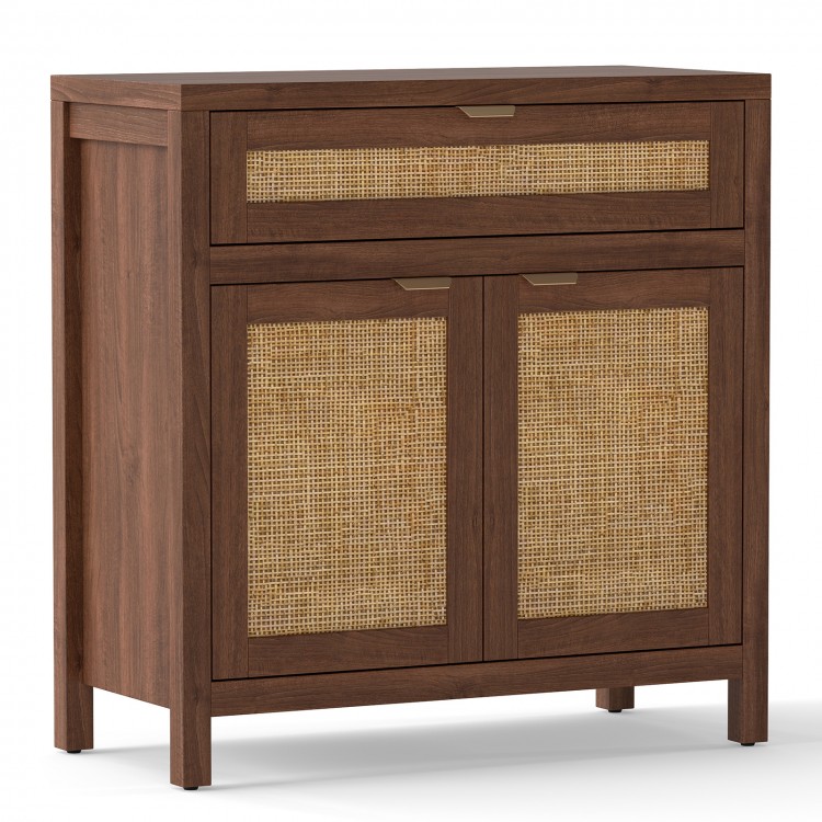 Brown sideboard storage cabinet with rattan doors and drawer, featuring adjustable shelf for versatile organization.