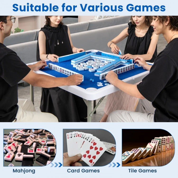 35-inch navy folding mahjong table with cup holders, suitable for four players, ideal for home and outdoor games.