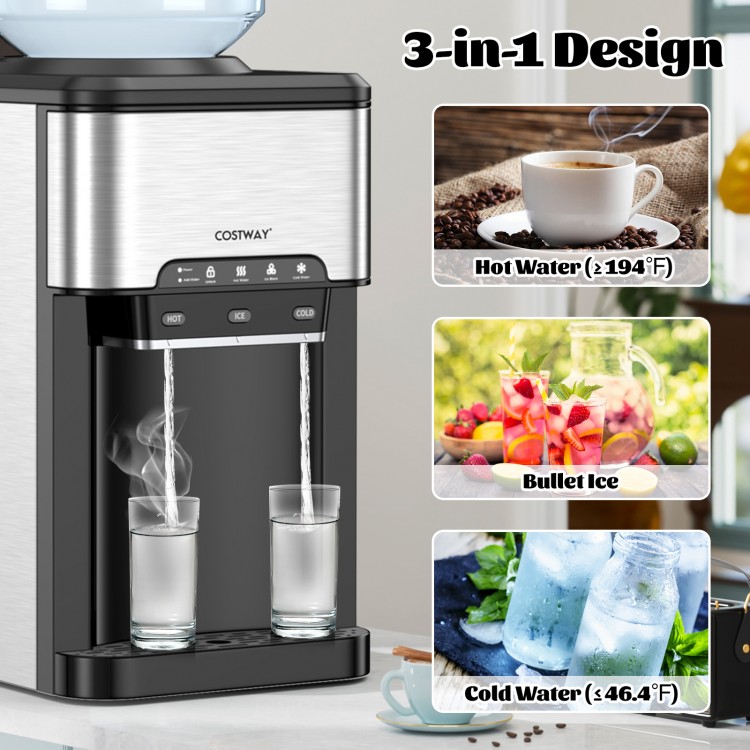 3-in-1 ice maker and water cooler dispenser with hot, cold water, and bullet ice functions for versatile hydration.