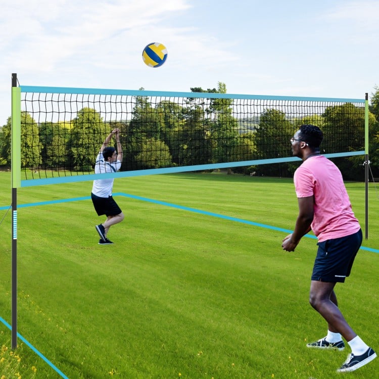 Portable outdoor volleyball net set in green, featuring adjustable poles and robust net, ideal for outdoor games.