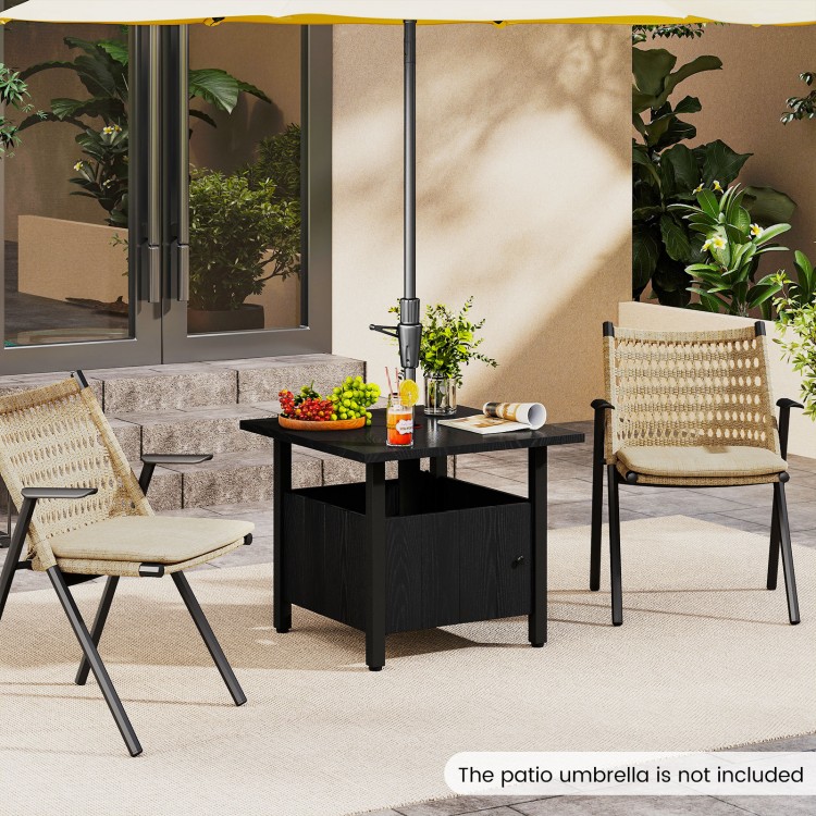 Outdoor side table with 1.89" umbrella hole, sturdy black zinc-iron alloy, ideal for patio, garden, or poolside use.