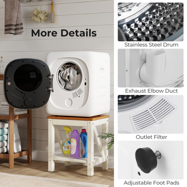 Portable clothes dryer with stainless steel drum, adjustable foot pads, and exhaust elbow duct for efficient drying.