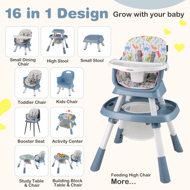 16-in-1 baby high chair in celadon, featuring adjustable height, activity center, and detachable double-sided tabletop.