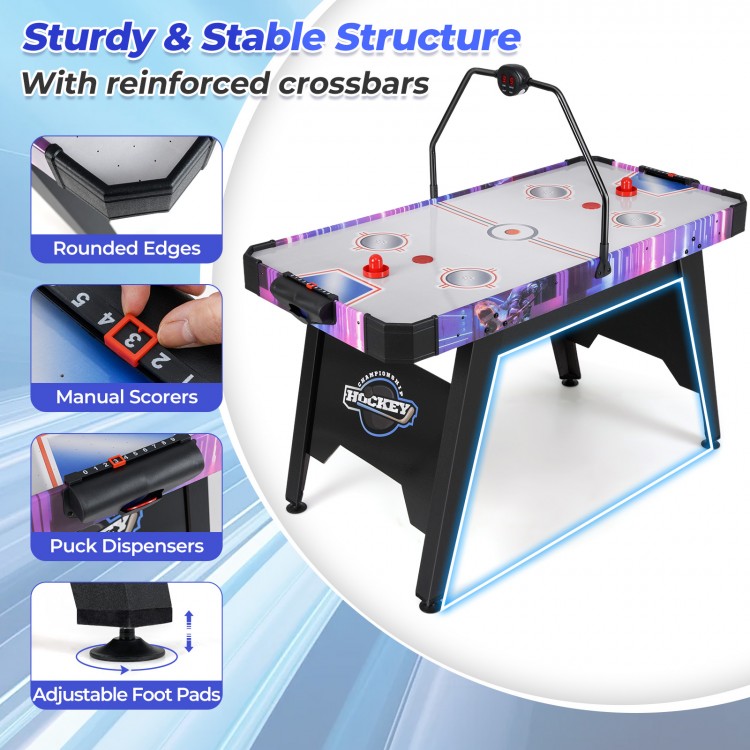 56-inch air hockey table with LED scoreboard, sturdy structure, and adjustable foot pads for stable gameplay.