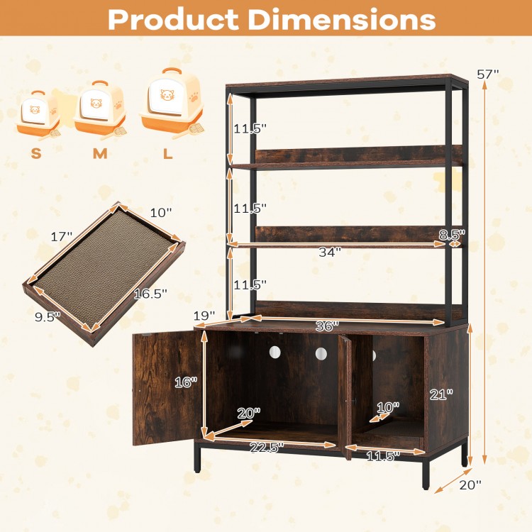 Dimensions of the 57-inch cat litter box enclosure with storage, featuring removable scratcher and ample shelving.
