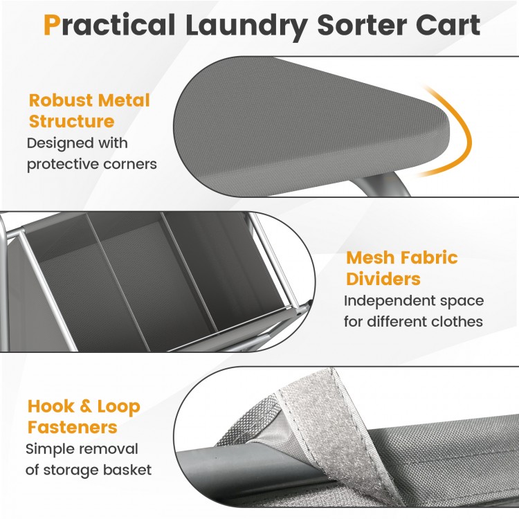 3-section laundry sorter cart in gray with foldable ironing board, robust metal structure, and lockable wheels for easy.