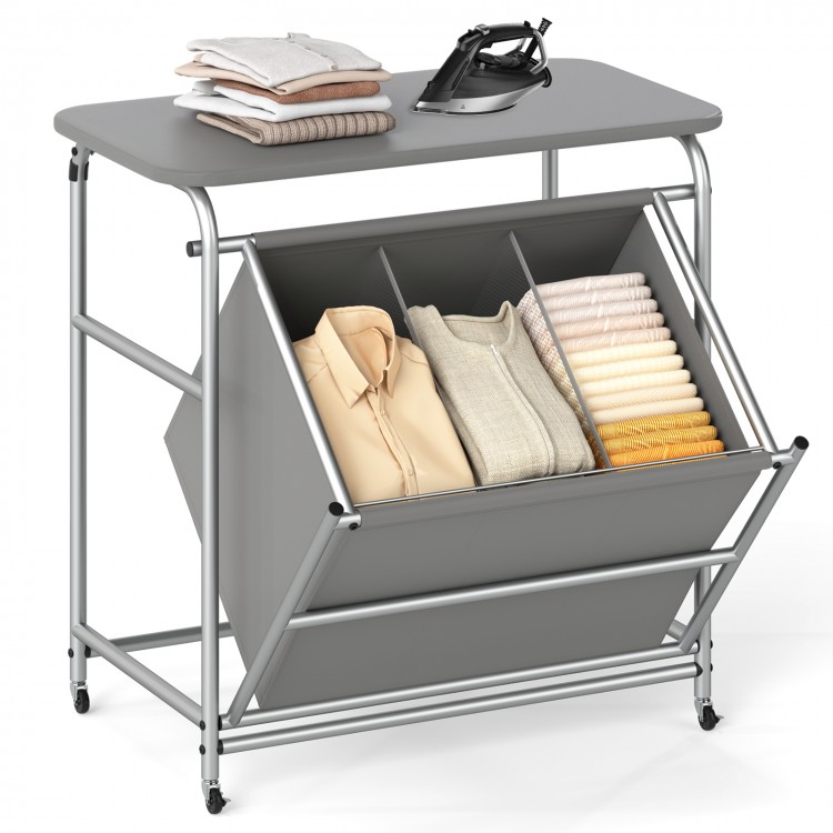 3-section laundry sorter with foldable ironing board, gray fabric, and lockable wheels for easy clothes organization.