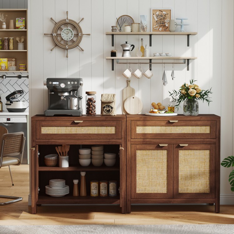 Sideboard storage cabinet with rattan doors and drawer, featuring a wood-grain finish, ideal for kitchen or dining room.
