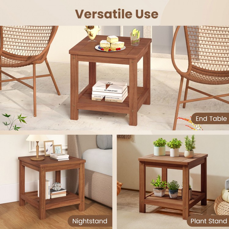 2-tier outdoor side table in solid wood with storage shelf, ideal for patio, living room, or as a nightstand.