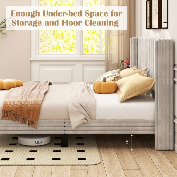 Queen size velvet bed frame with tufted wingback headboard, featuring under-bed storage space for easy cleaning.