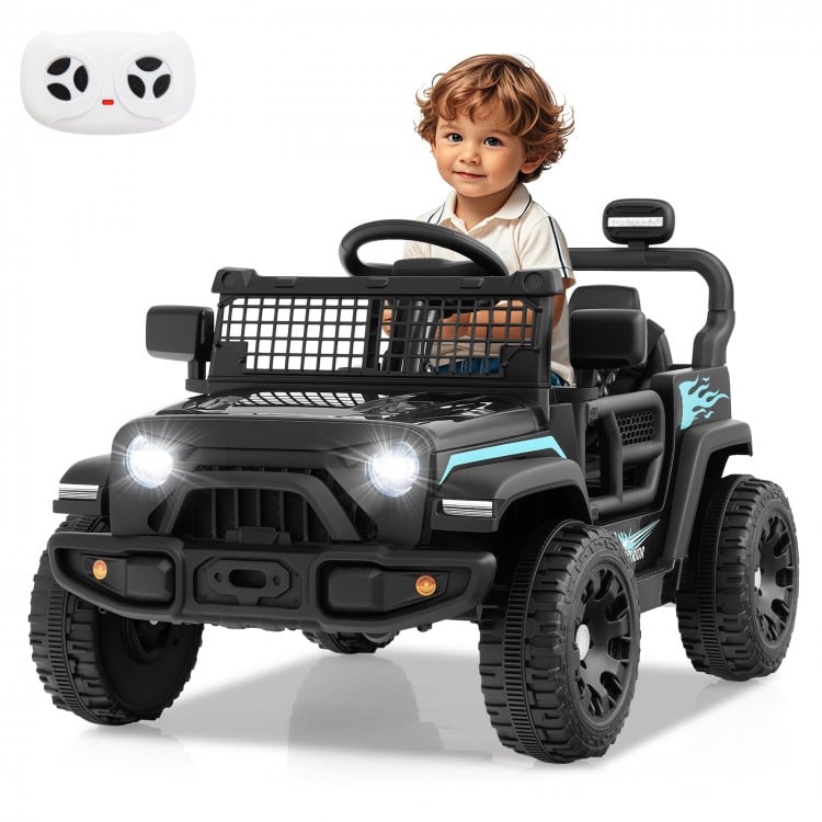 Battery-powered black kids' ride-on truck with remote control, LED headlights, and safety features for outdoor fun.