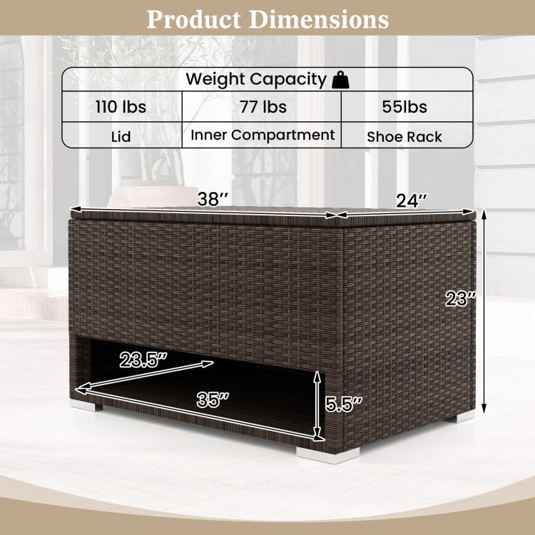 PE rattan storage bin with waterproof liner, featuring dimensions and weight capacity, ideal for patio cushion storage.