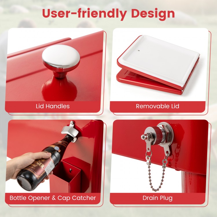 Red portable outdoor patio cooler cart features removable lid, bottle opener, cap catcher, and drain plug for easy use.