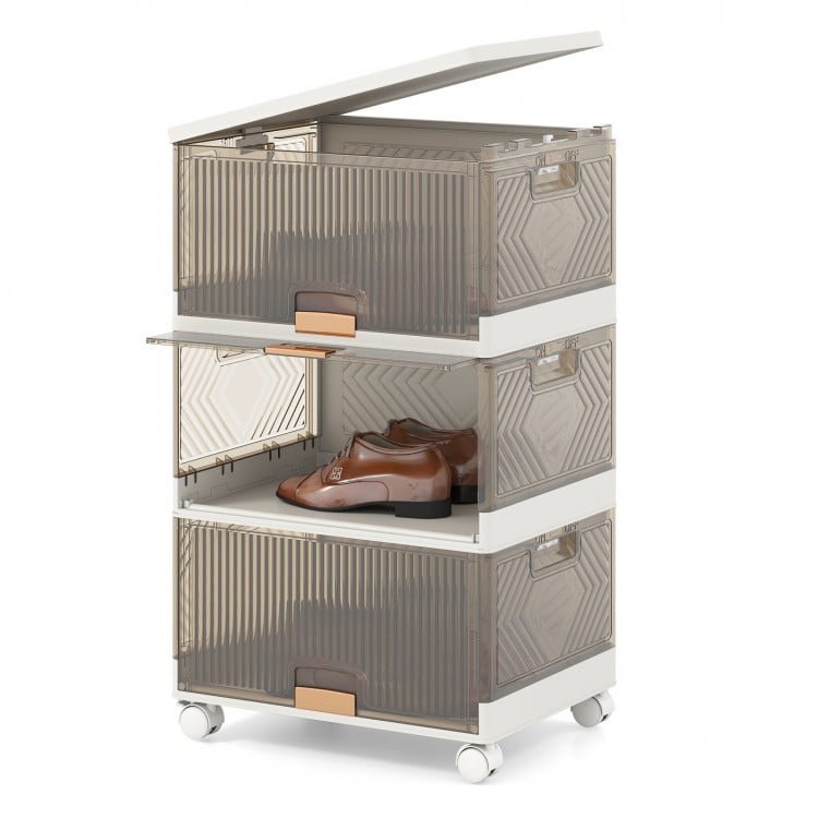 Stackable 3-cube storage bin with detachable wheels, featuring top and front openings for easy access and ample storage.