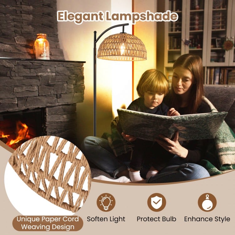 Arc floor lamp with a unique paper cord weaving lampshade, 63 inches tall, perfect for living room or bedroom lighting.