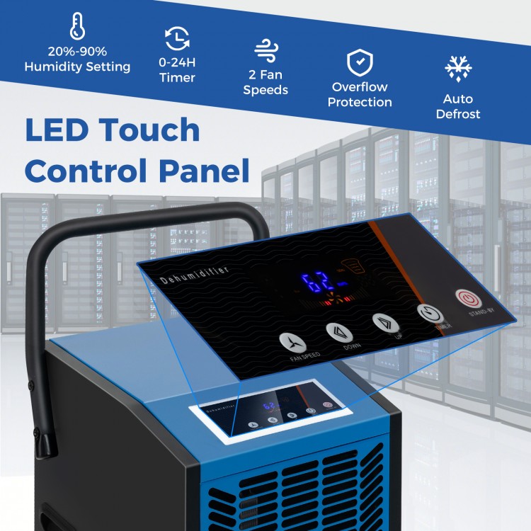 High-capacity commercial dehumidifier with LED touch control panel, adjustable humidity, and 24-hour timer for.
