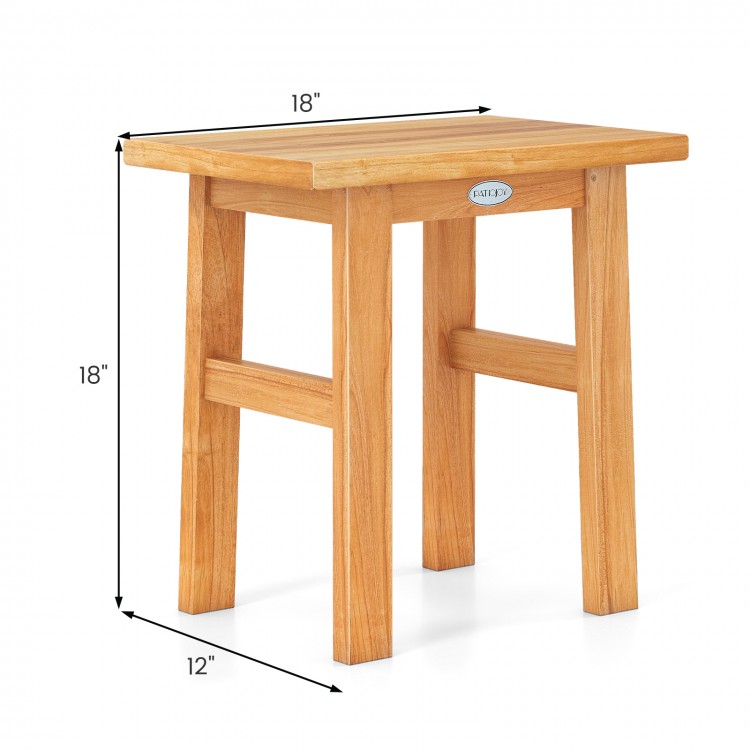 Teak shower bench with solid construction, 18" height and 12" width, perfect for shaving legs or as a side table.