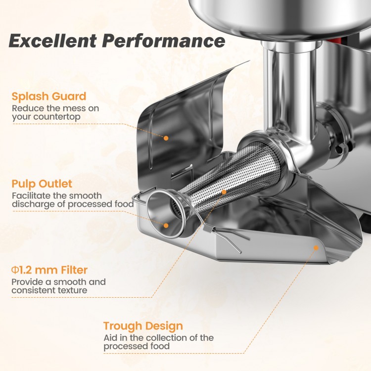 Electric tomato strainer with 8.5" feed chute, stainless steel design, and splash guard for mess-free processing.