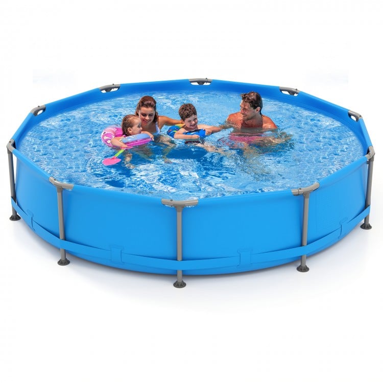 Round 12 ft outdoor family swimming pool with metal frame, featuring durable PVC fabric, ideal for backyard fun.