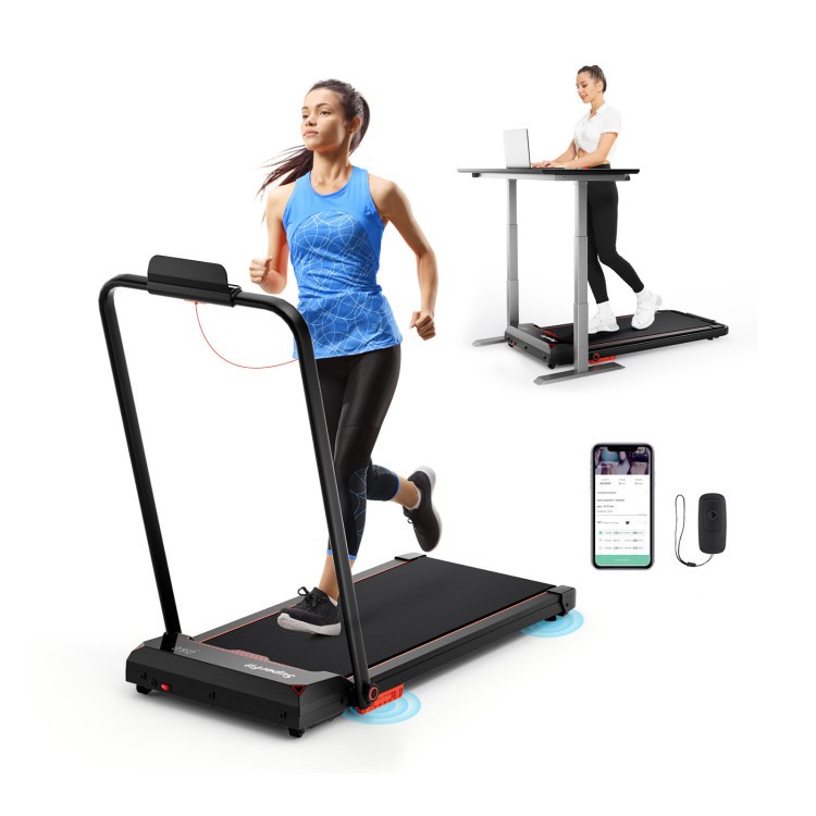 Folding treadmill with LED display and remote control, ideal for walking and running at home or office.