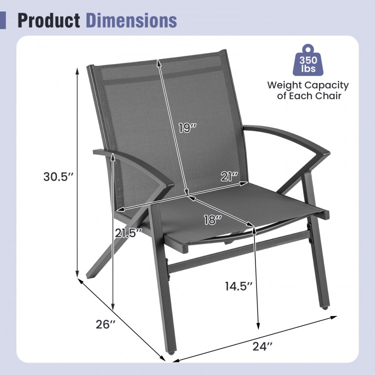 Detailed dimensions of the grey patio chair with heavy-duty metal frame, ideal for outdoor seating.