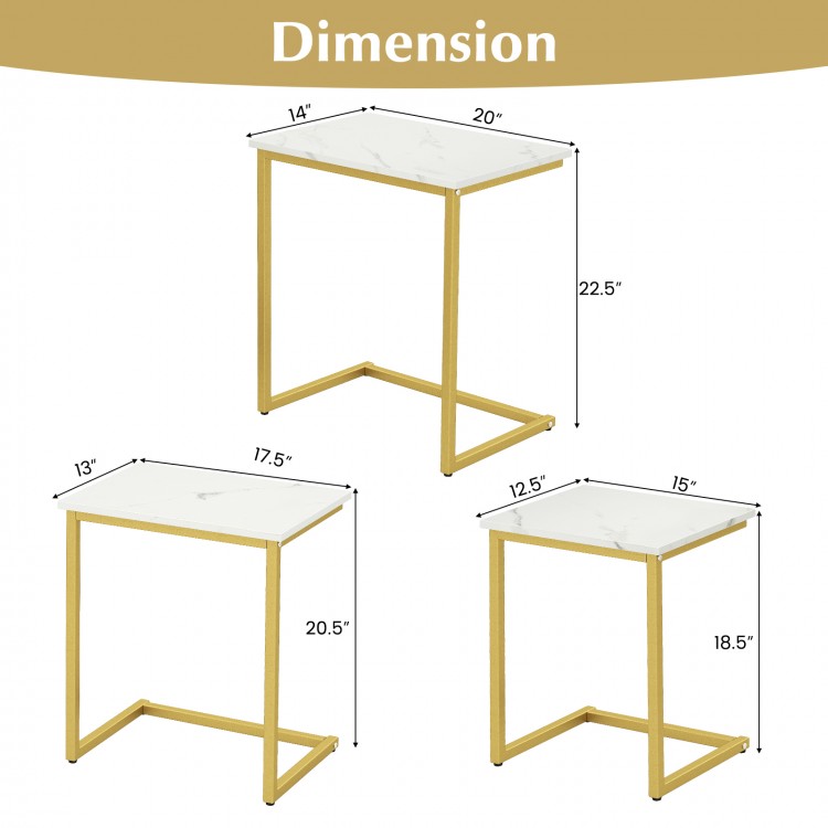 Dimensions of the 3-piece multifunctional coffee end table set in white, featuring a C-shaped frame for versatile use.