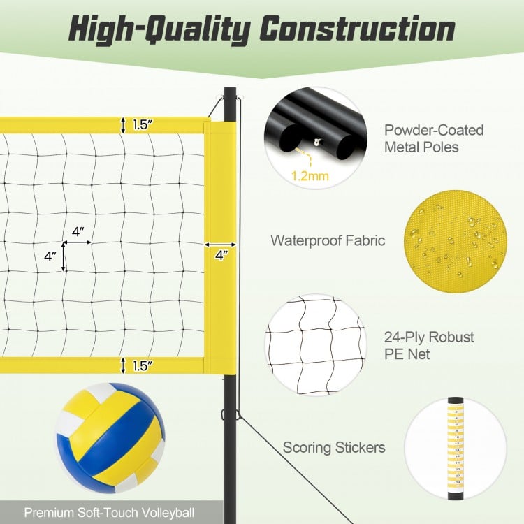 Portable outdoor volleyball net set in yellow with adjustable poles and durable tear-resistant net for outdoor fun.