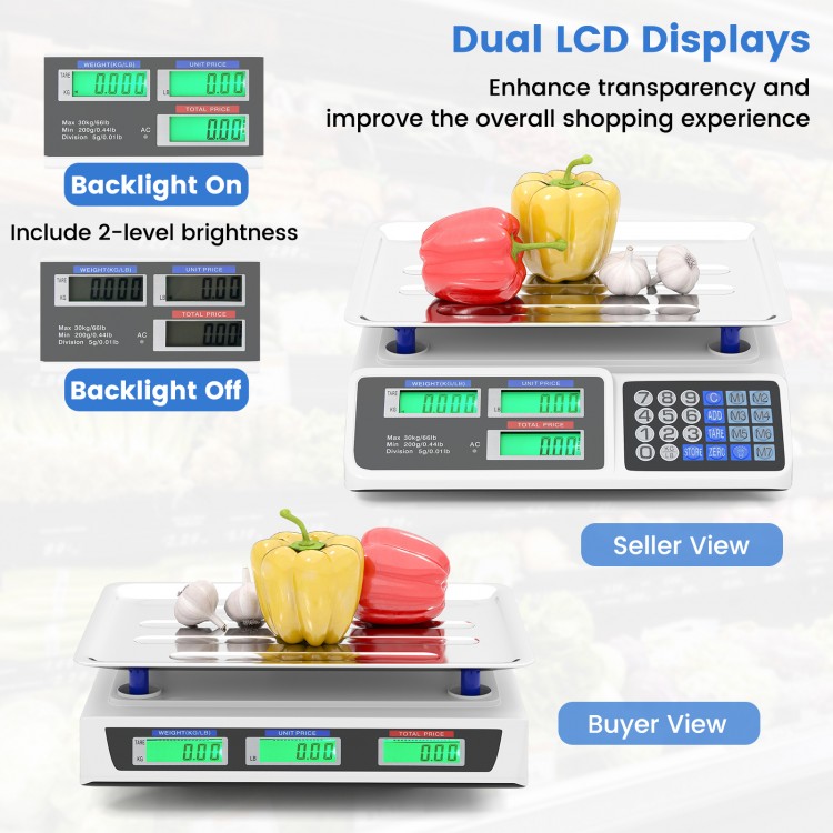 Dual LCD displays of the 66lb price computing scale, featuring backlight and precision sensors for accurate food.