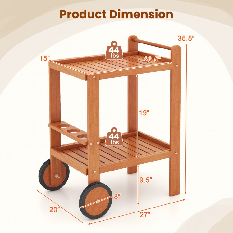 2 Tier Rolling Serving Cart dimensions with wine bottle holders, hardwood construction, and rubber wheels for easy.