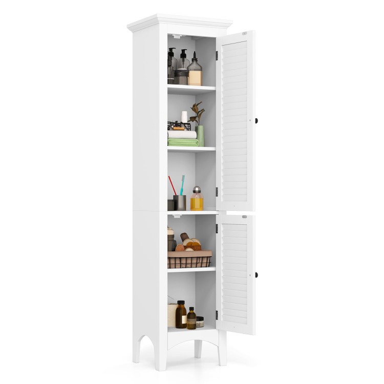 Tall bathroom floor cabinet with shutter doors and adjustable shelf, perfect for space-efficient storage in small areas.