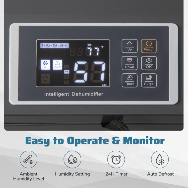 Control panel of the 154 Pints Commercial Dehumidifier, showing humidity level and settings for easy operation.