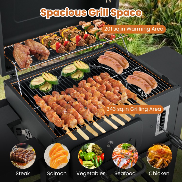 24-inch barrel charcoal grill with 544 sq.in cooking area, featuring multiple food options and two folding side tables.