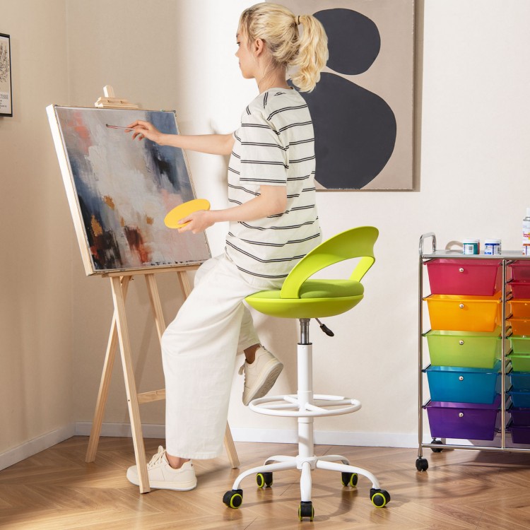 Drafting stool in green with wheels, featuring a curved backrest and adjustable height, ideal for creative studios.