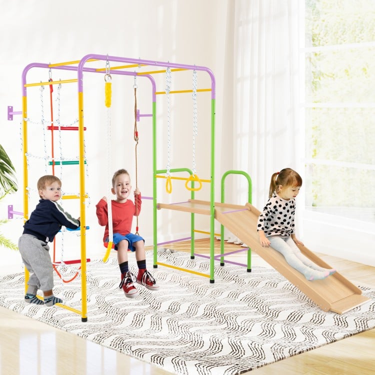 Colorful 8-in-1 indoor jungle gym with swings, slide, and climbing bars for kids, promoting motor skills and fun.