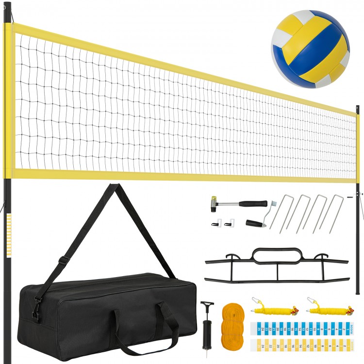 Portable outdoor volleyball net set in yellow with adjustable poles and carrying bag, perfect for outdoor games and.