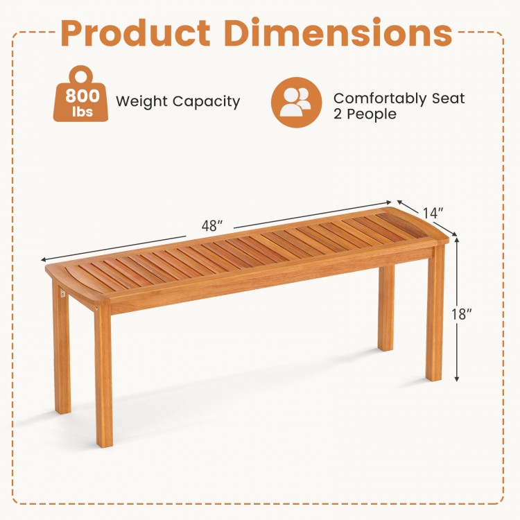 Acacia wood outdoor bench dimensions showing slatted seat design, 800 lbs capacity, comfortably seats 2 people.