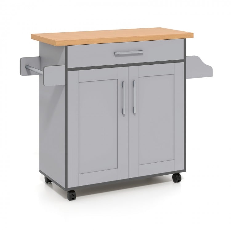 Rolling kitchen island cart in gray with spacious countertop, adjustable shelves, and towel/spice racks for easy.