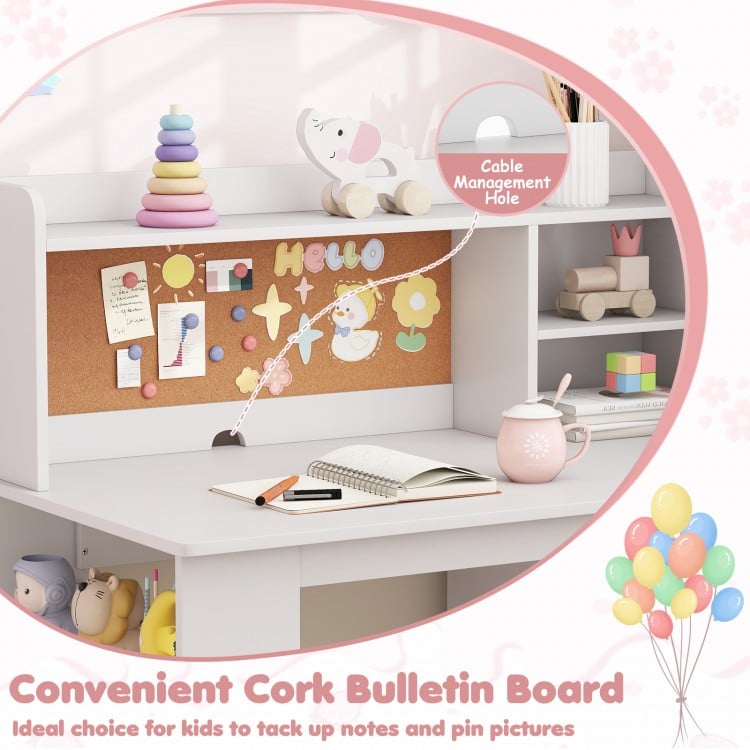 Kids desk and chair set in pink featuring a cork bulletin board for notes, with storage options and cable management.