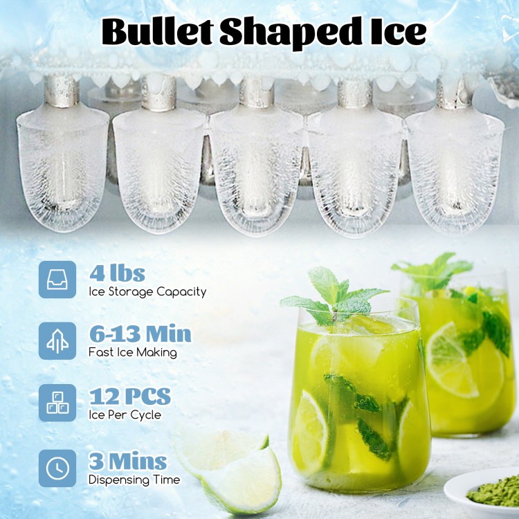 Bullet-shaped ice cubes from the 3-in-1 ice maker, producing 12 pieces every cycle for refreshing drinks.
