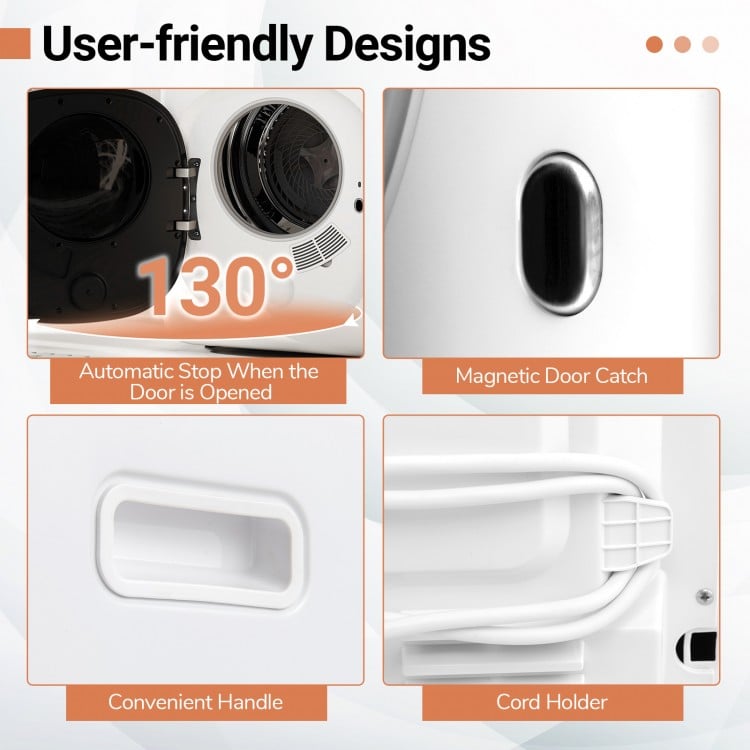 Magnetic door catch and convenient handle of the 800W portable clothes dryer for easy access and safe operation.