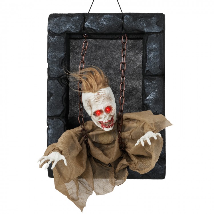 Hanging animated zombie prisoner decoration with glowing red eyes and spooky sounds, perfect for Halloween scares.