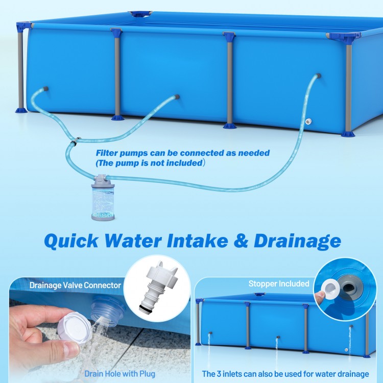 Outdoor family swimming pool with metal frame, featuring quick water intake and drainage system for easy setup.