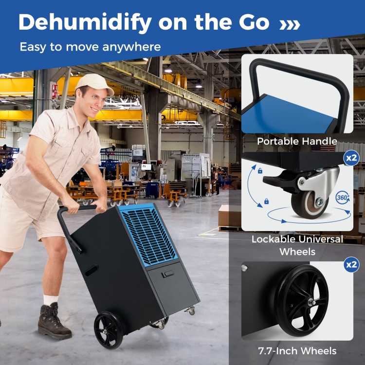 High-capacity commercial dehumidifier with portable handle and lockable wheels, ideal for large spaces up to 4,500.