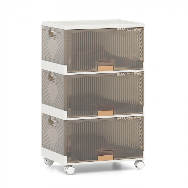 Three-cube stackable storage bin with detachable wheels, featuring a modular design and front-opening compartments for.