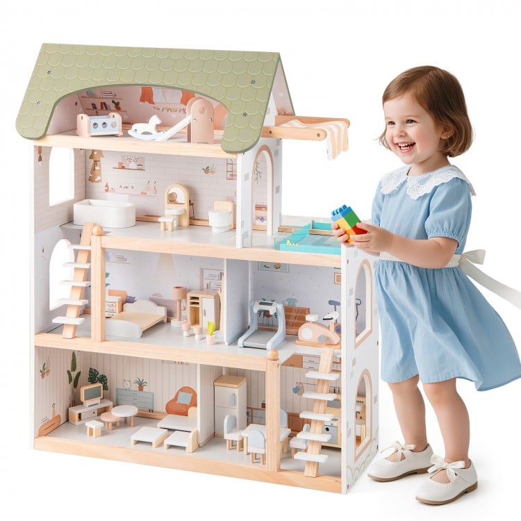 Wooden dollhouse with 33 furniture pieces, featuring movable stairs and a robust design for interactive play.