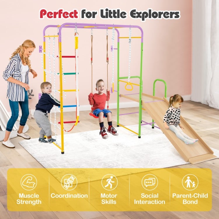 Multicolor 8-in-1 indoor jungle gym with slide, swing, and monkey bars for kids to enhance motor skills and.