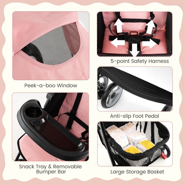 Toddler travel stroller in pink featuring a 5-point safety harness, adjustable backrest, and large storage basket.