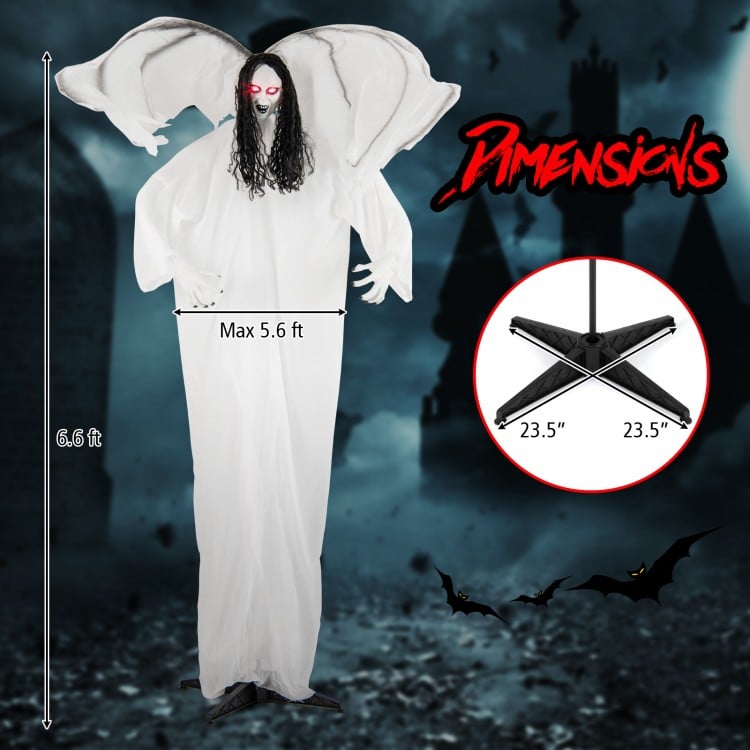 6.6-foot Halloween animatronic angel with light-up red eyes, flapping wings, and poseable arms for spooky decorations.
